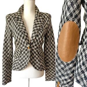 Smythe Tweed Check One Button Blazer Leather Elbow Patch Black White Size 8